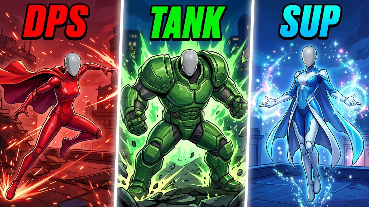 Marvel Rivals role split thumbnail template, three tall panels with an agile red player, a big player in heavy green armour and a player in a flowing blue and white suit with healing light, DPS, TANK and SUP text