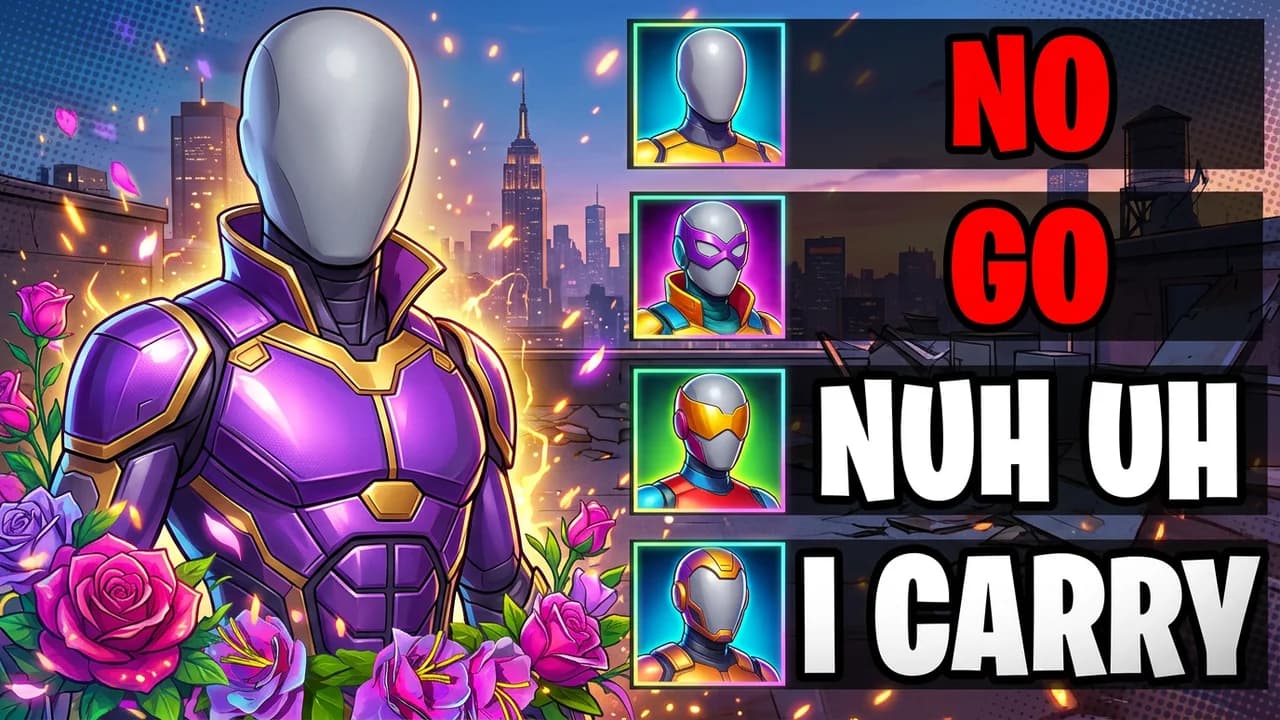 Marvel Rivals callout list thumbnail template, a player in a purple and gold suit among pink roses, a column of four hero portraits with NO, GO, NUH UH and I CARRY text