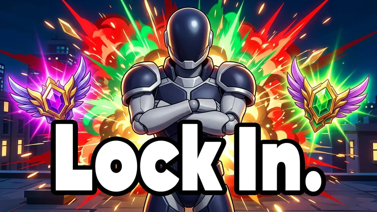 Marvel Rivals lock in thumbnail template, a player in navy and silver armour with arms crossed in front of a red and green comic burst, winged rank crests on both sides, Lock In. text