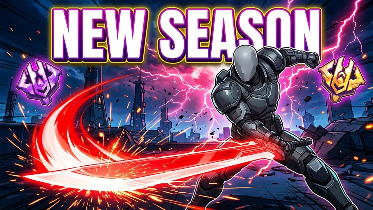 Marvel Rivals new season thumbnail template, a player in dark armour swinging a glowing red energy sword through pink lightning on a city rooftop, NEW SEASON text