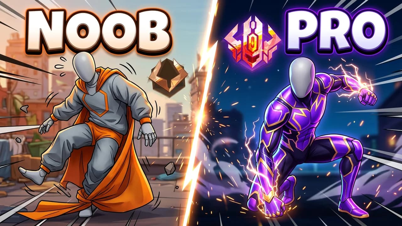 Marvel Rivals noob vs pro thumbnail template, a clumsy player in a baggy grey and orange suit tripping on its cape on the left, a player in a sleek purple and black suit with lightning in its fist on the right, NOOB and PRO text