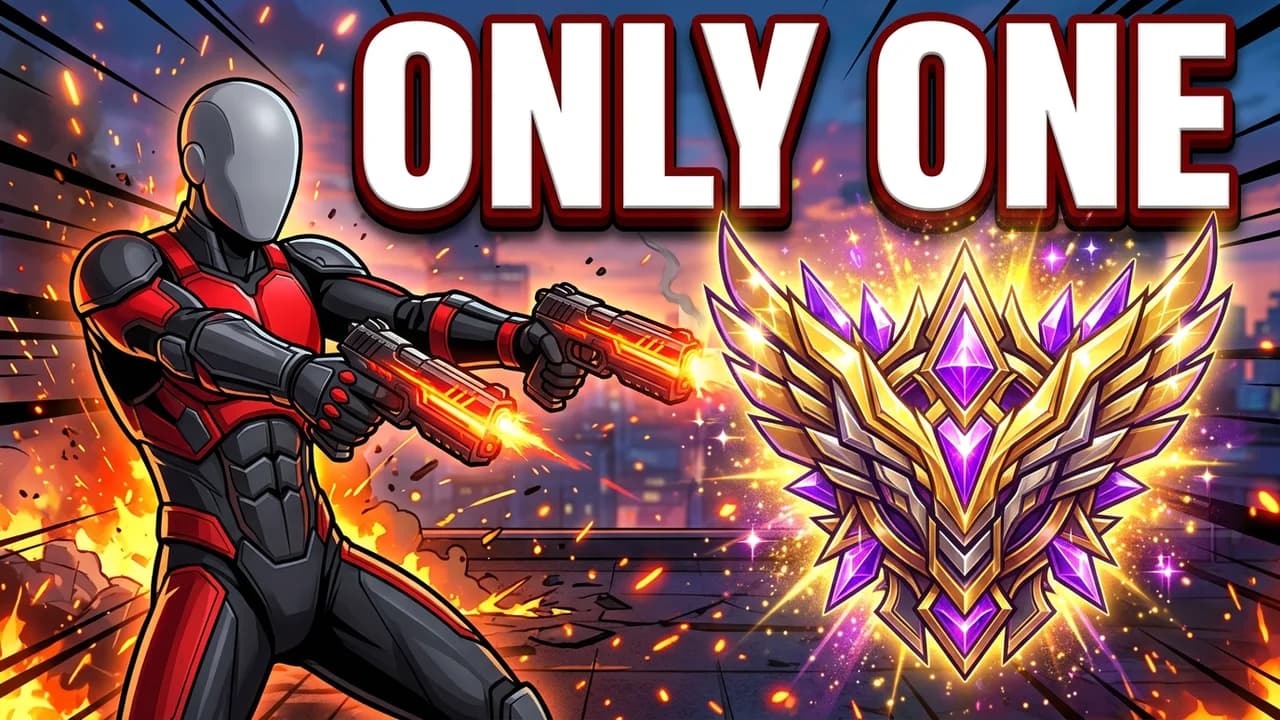 Marvel Rivals one hero only thumbnail template, a player in a black and red suit firing two glowing pistols, a huge gold and purple winged rank crest on the right, ONLY ONE text