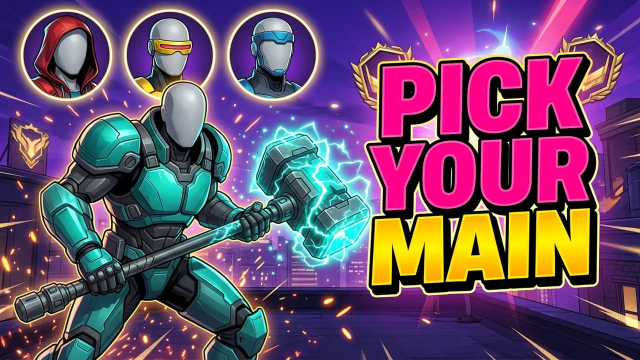 Marvel Rivals pick your main thumbnail template, a player in teal and black armour holding a glowing energy hammer, three hero portrait circles across the top, PICK YOUR MAIN text on a purple background