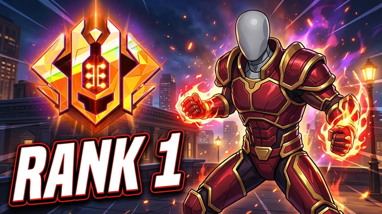 Marvel Rivals rank 1 thumbnail template, a player in dark red armour with glowing fists on a city rooftop at night, a huge gold and orange rank crest top left, RANK 1 text