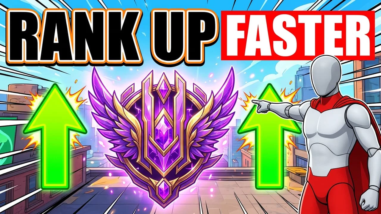 Marvel Rivals rank up thumbnail template, a big purple winged rank crest between two green arrows pointing up, a player in a white and red suit pointing at it, RANK UP FASTER text