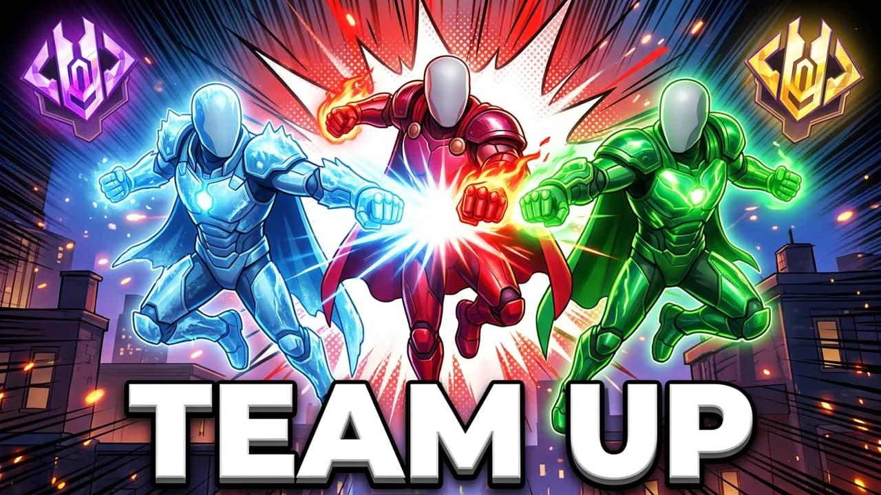 Marvel Rivals team up thumbnail template, three players in icy blue, red and green suits leaping at the camera with their fists meeting in one blast, TEAM UP text