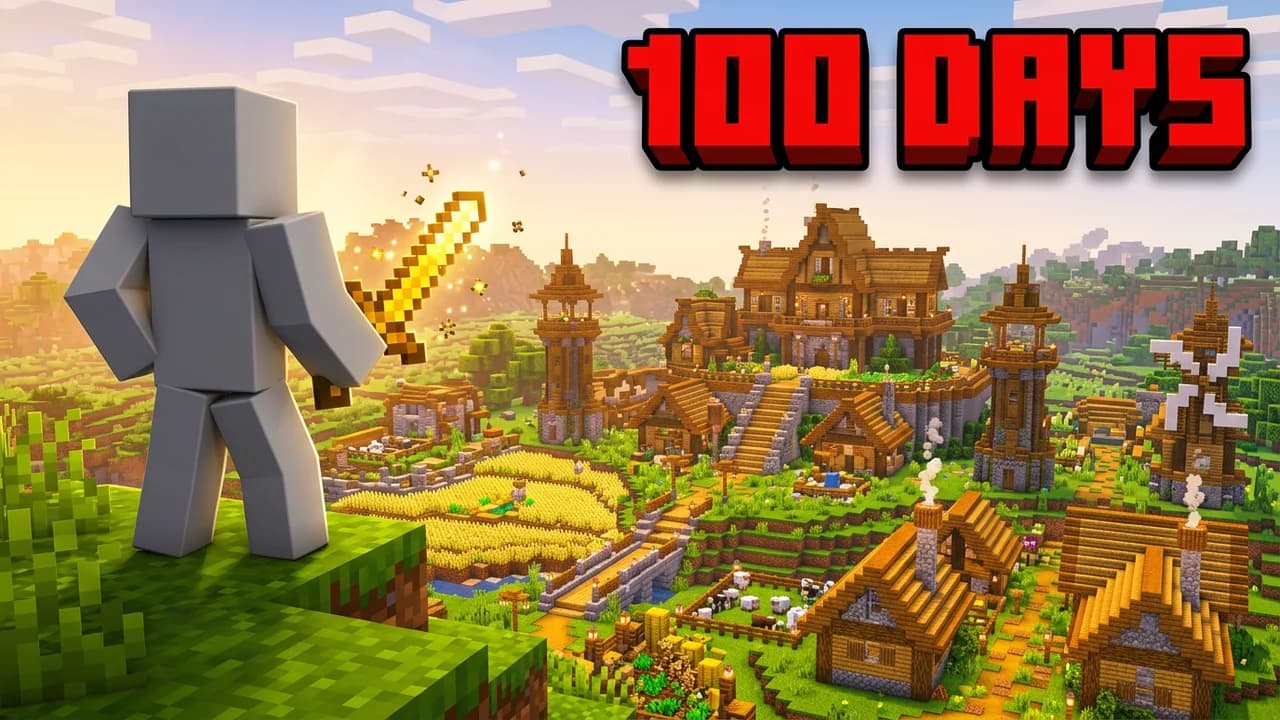 Minecraft 100 days hardcore thumbnail template, a player holding a golden sword on a hill above a huge survival village with farms, big red 100 DAYS text