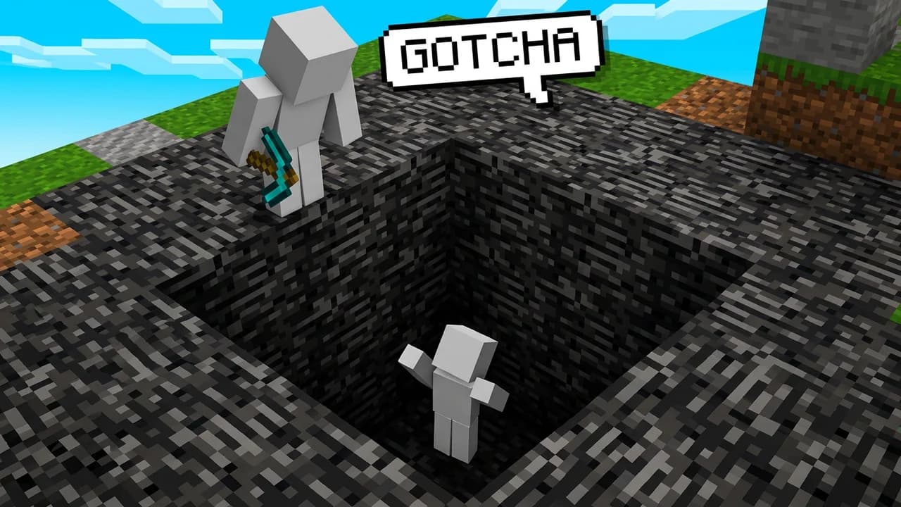 Minecraft troll thumbnail template, a player with a pickaxe standing over a deep bedrock hole with a friend trapped at the bottom, GOTCHA speech bubble