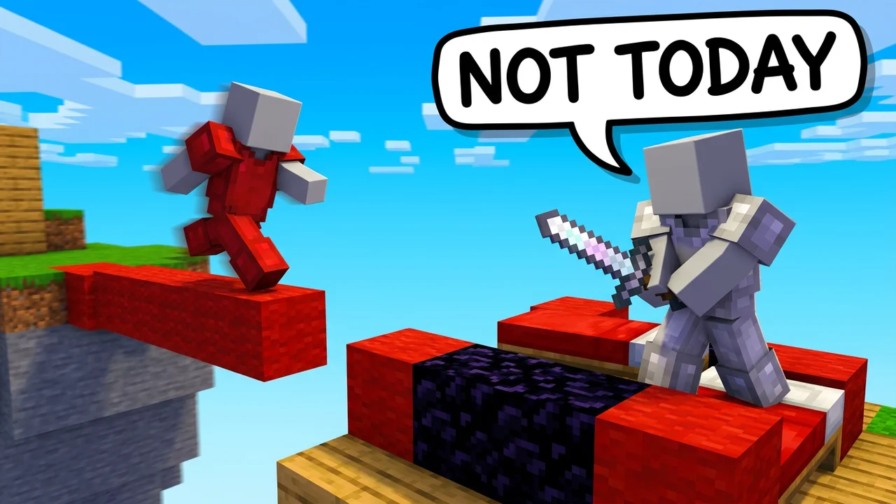 Minecraft Bedwars thumbnail template, a player in iron armour guarding a bed covered in wool and obsidian while an enemy bridges in on red wool, NOT TODAY speech bubble