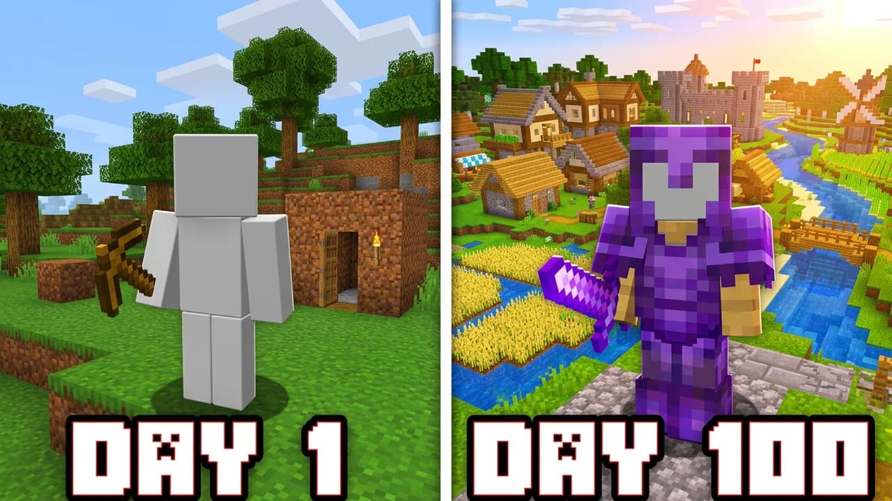 Minecraft hardcore day 1 vs day 100 thumbnail template, a player with a wooden pickaxe by a dirt hut on the left and a player in netherite armour with a village behind on the right