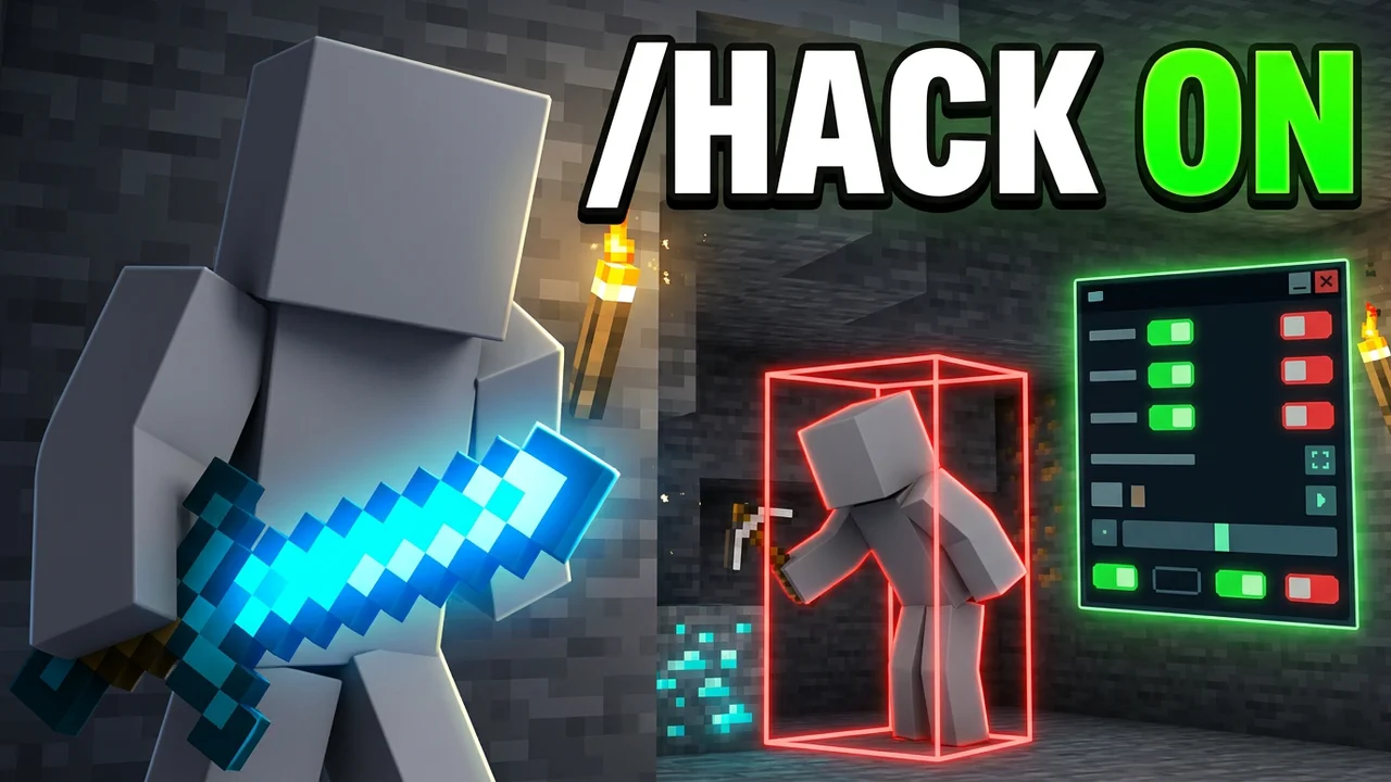 Minecraft hacker troll thumbnail template, a player with a glowing diamond sword in a cave, a second player in a red target box and a floating hack menu, /HACK ON text