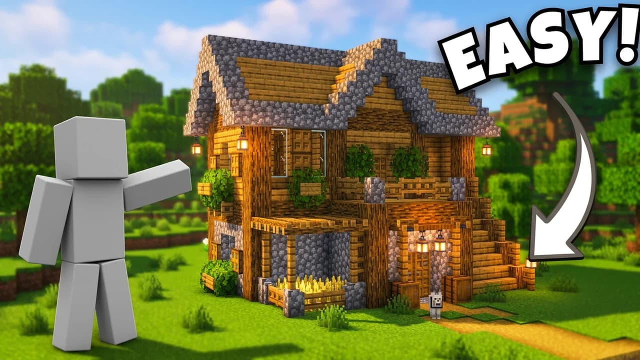 Minecraft survival house build thumbnail template, a player pointing at a cosy oak and cobblestone house with a porch, a curved white arrow and EASY! text