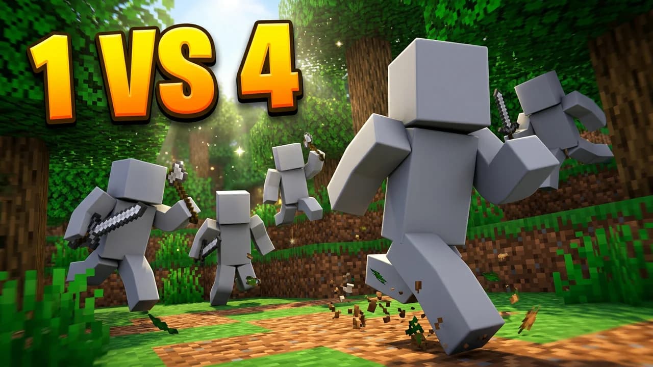 Minecraft manhunt thumbnail template, a runner sprinting through a forest with four hunters holding swords and axes right behind, gold 1 VS 4 text