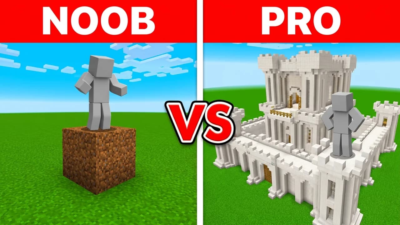 Minecraft noob vs pro build thumbnail template, a player on a single dirt block on the left and a player on a white quartz castle on the right, red NOOB and PRO bars and a big VS
