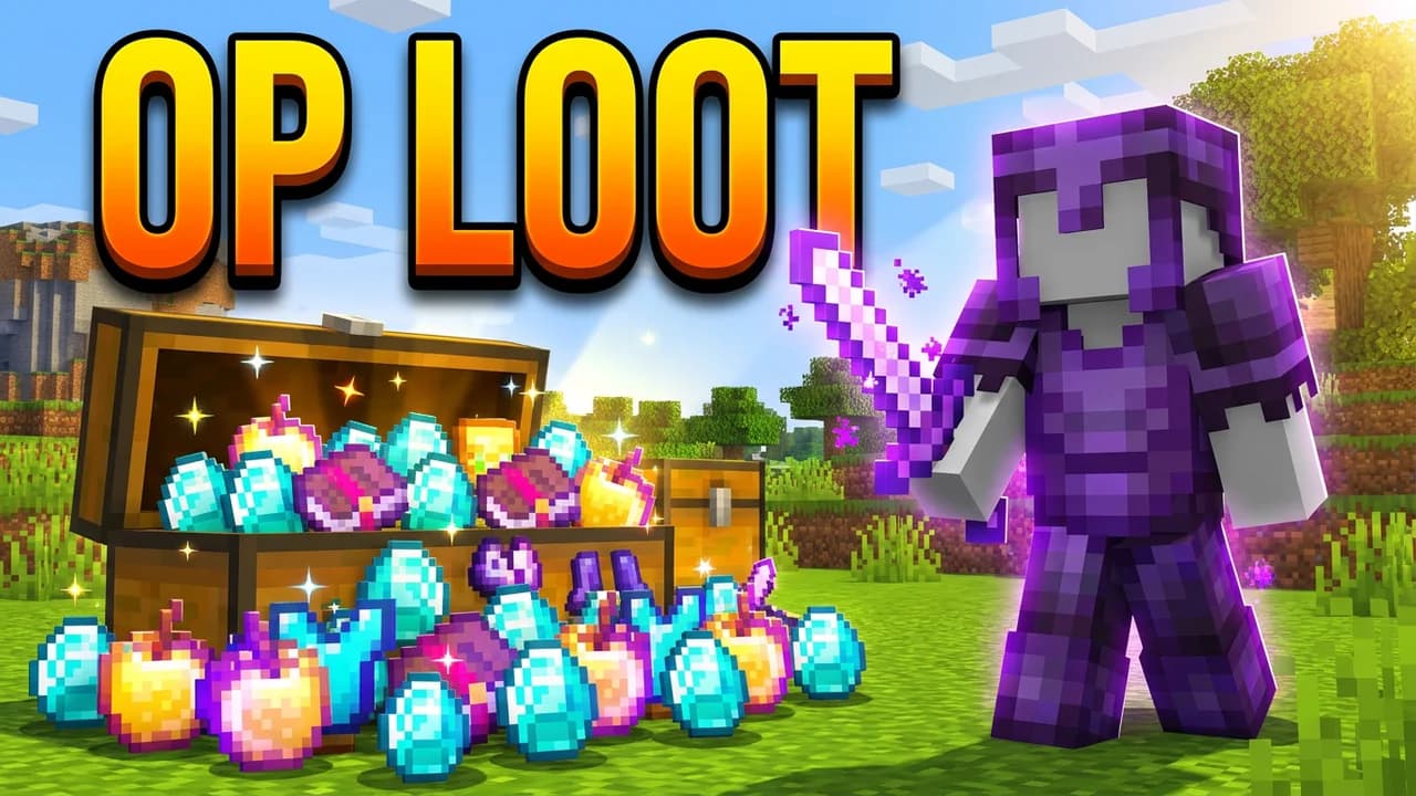 Minecraft OP loot thumbnail template, a player in enchanted netherite armour with a glowing sword next to chests overflowing with diamonds and golden apples, OP LOOT text