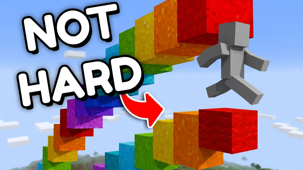 Minecraft parkour thumbnail template, a player jumping across a rainbow staircase of floating wool blocks in the sky, red arrow and NOT HARD text