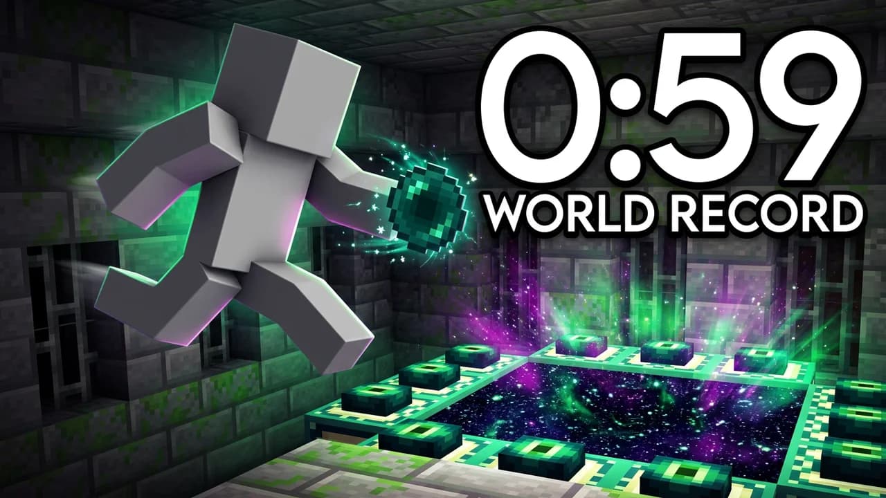 Minecraft speedrun thumbnail template, a player leaping at the glowing End portal with an ender pearl, big white 0:59 WORLD RECORD timer