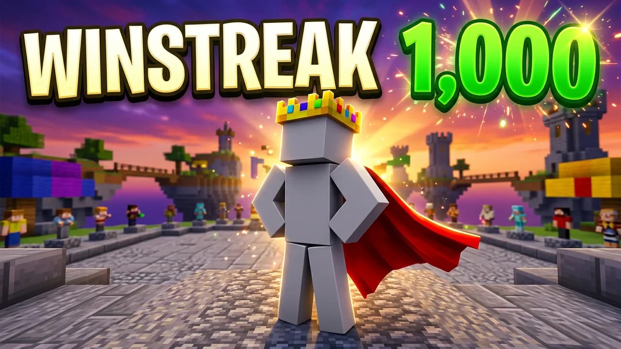 Minecraft Bedwars winstreak thumbnail template, a player in a gold crown and red cape standing in a stone arena, big WINSTREAK 1,000 text