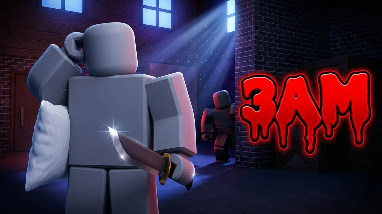 MM2 3AM thumbnail template, a sleepy player with a pillow and a knife in a dark moonlit lobby while a shadowy player lurks behind, dripping red 3AM text