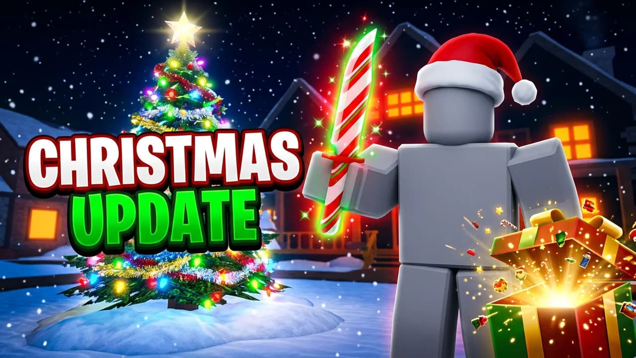 MM2 Christmas update thumbnail template, a player in a Santa hat holding a glowing candy cane knife beside a lit tree and an open present in the snow, CHRISTMAS UPDATE text
