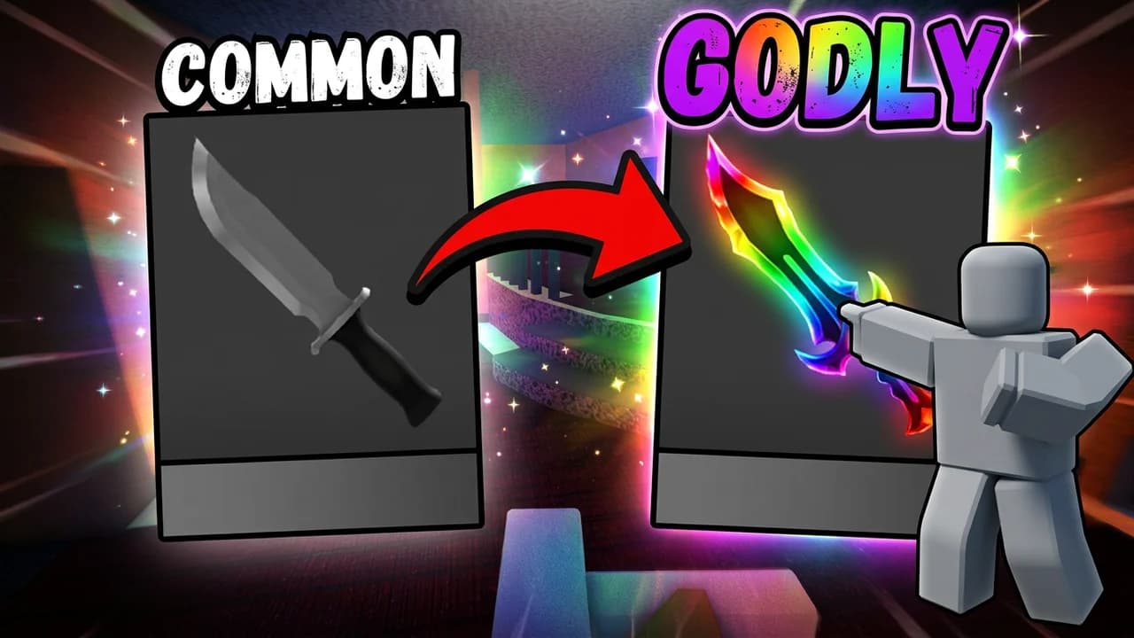 MM2 common to godly trading thumbnail template, a grey common knife card, a red arrow, and a rainbow godly knife card with a player pointing at it