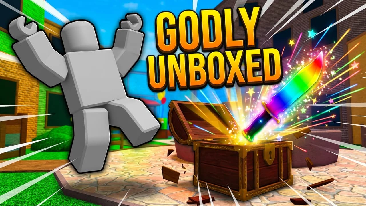 MM2 godly unboxing thumbnail template, a player jumping back in shock as a rainbow godly knife bursts out of an opened chest, big GODLY UNBOXED text