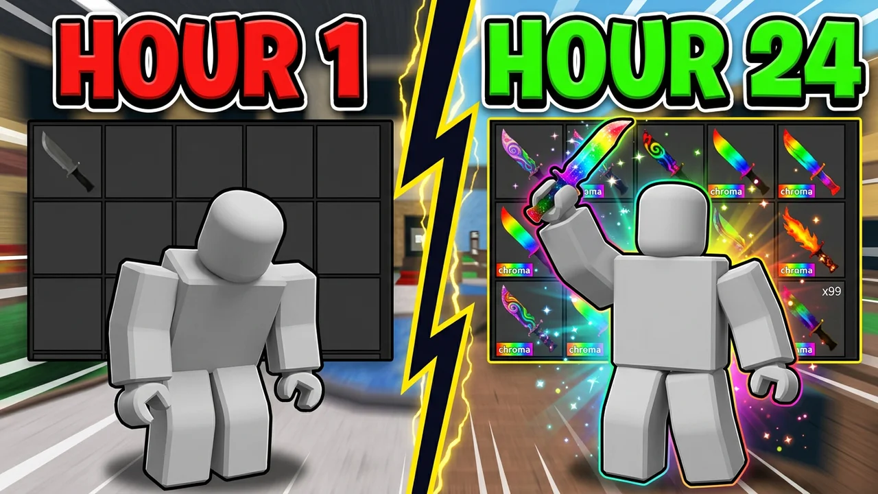 MM2 hour 1 vs hour 24 thumbnail template, an empty inventory with one plain knife and a sad player on the left, a full inventory of chroma knives and a happy player on the right