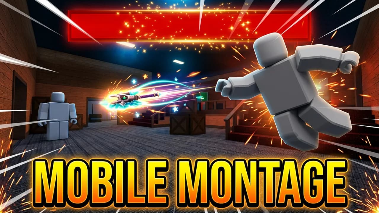 MM2 mobile montage thumbnail template, a player mid leap throwing a glowing godly knife across the lobby with a motion trail, big MOBILE MONTAGE text