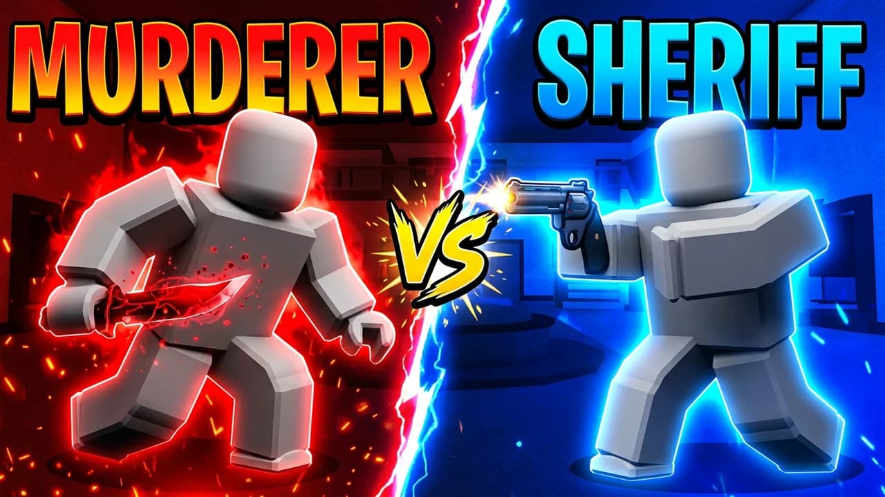 Murder Mystery 2 murderer vs sheriff thumbnail template, a red-glowing murderer with a knife facing a blue-glowing sheriff aiming a revolver, big VS in the middle