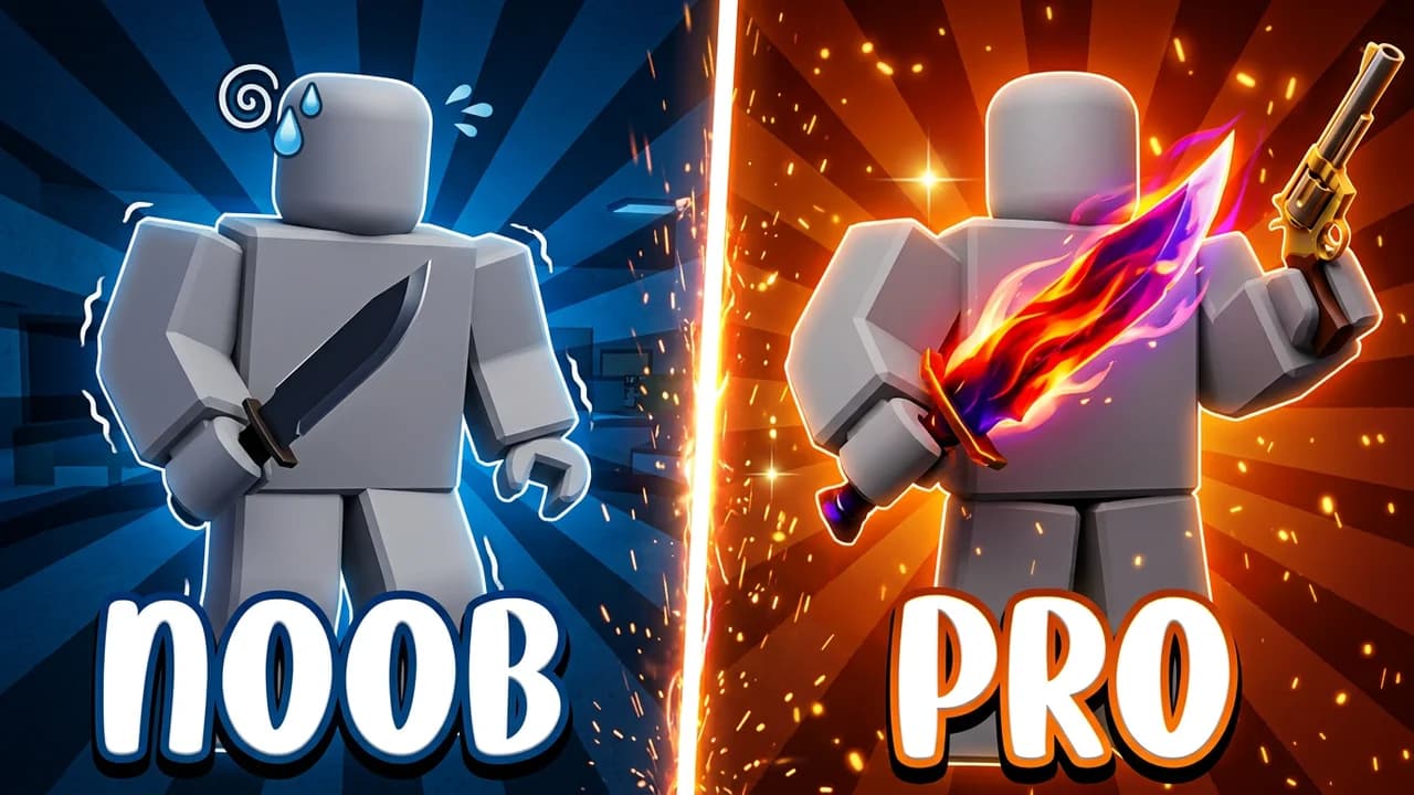 MM2 noob vs pro thumbnail template, a nervous noob with a plain knife on a blue side and a pro with a flaming godly knife and gold gun on an orange side