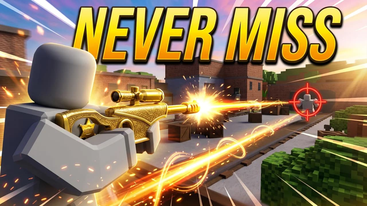 MM2 sheriff thumbnail template, a player aiming a gold engraved sniper gun down the map at a far target in red crosshairs, big NEVER MISS text