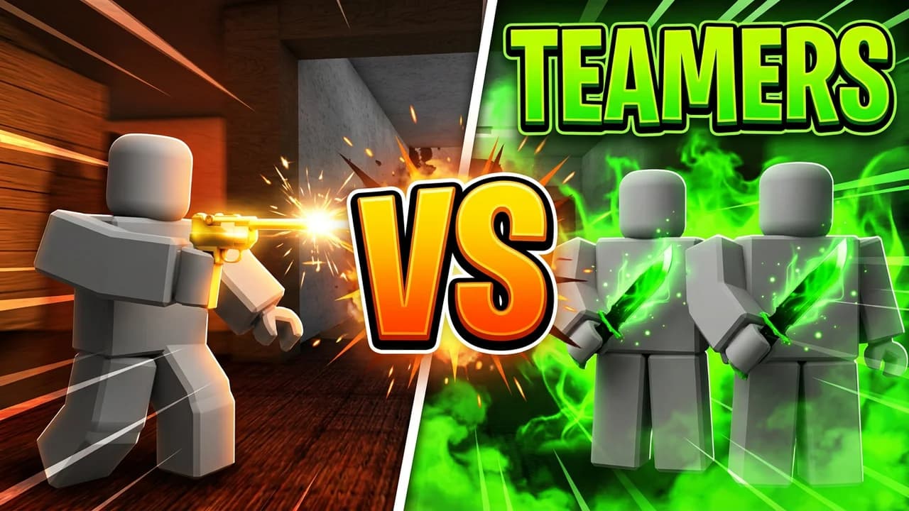 MM2 teamers thumbnail template, a lone player firing a gold gun on the left, two teamers with matching green knives in toxic green smoke on the right, big VS