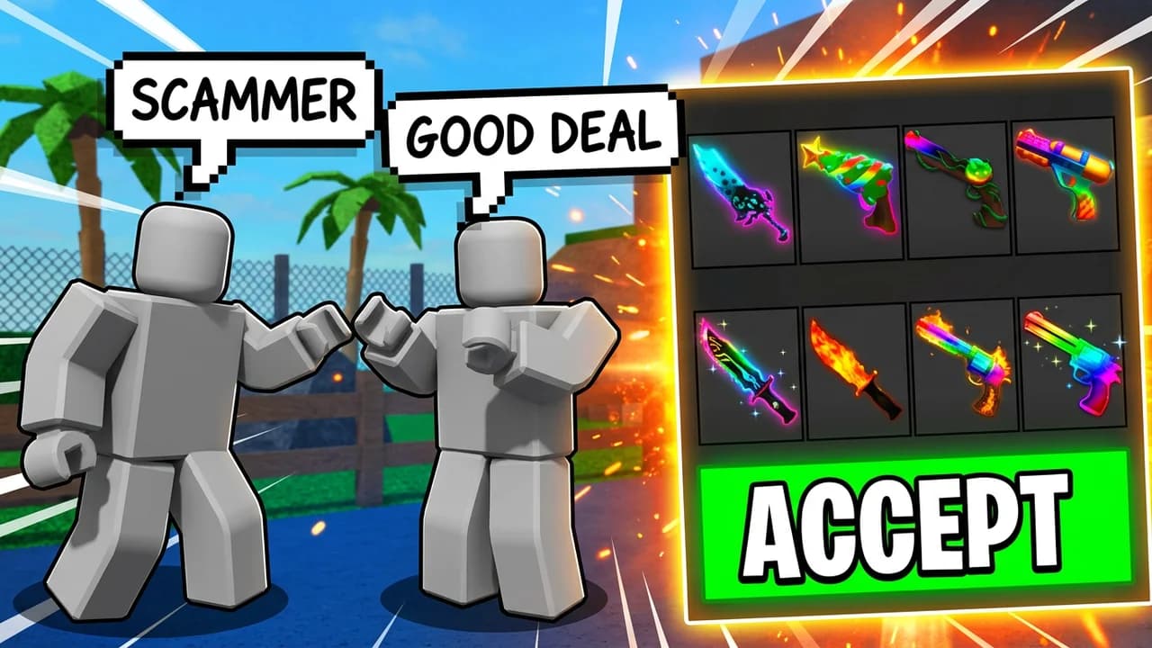 MM2 trading thumbnail template, two players with SCAMMER and GOOD DEAL speech bubbles next to a trade window full of godly knives and guns and a green ACCEPT button