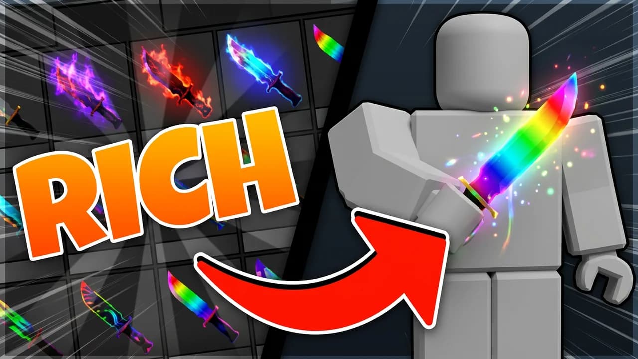 MM2 trading montage thumbnail template, a player holding a rainbow chroma knife next to a grid of glowing godly knives, a red curved arrow and big orange RICH text