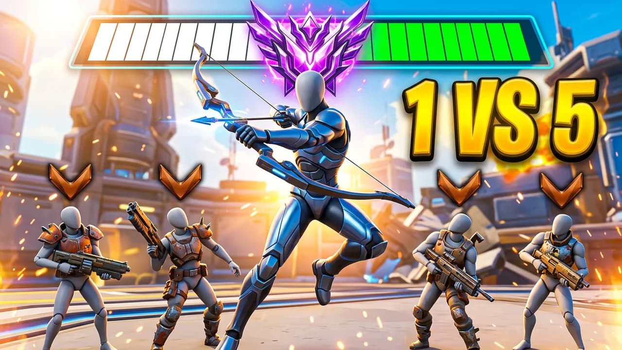 Overwatch 1 vs 5 thumbnail template, a player in blue armour drawing a bow under a purple top rank emblem, four players with bronze chevrons around it, a health bar across the top, 1 VS 5 text
