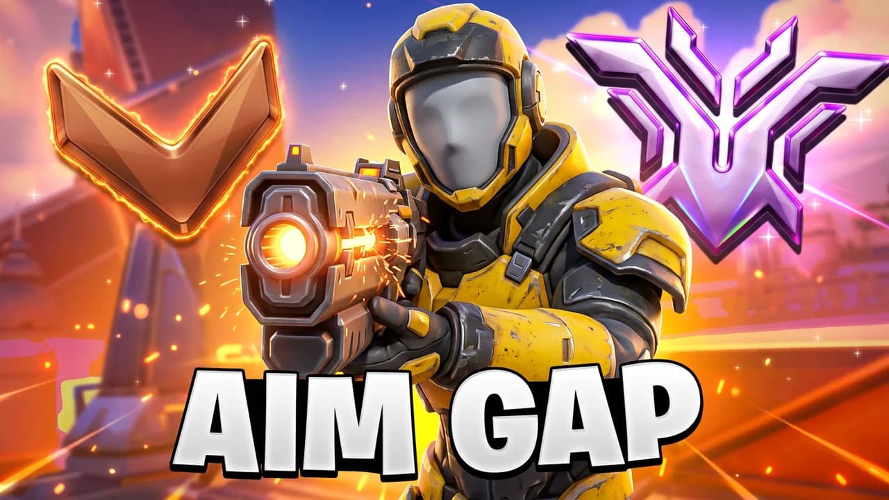 Overwatch aim gap thumbnail template, a player in yellow and black armour aiming a plasma rifle at the camera between a bronze chevron and a purple top rank emblem, AIM GAP text