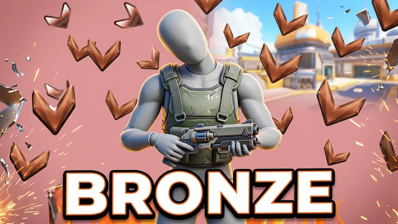 Overwatch bronze meme thumbnail template, a confused player in a green tactical vest holding a blaster, bronze rank chevrons flying all around on a pink background, BRONZE text