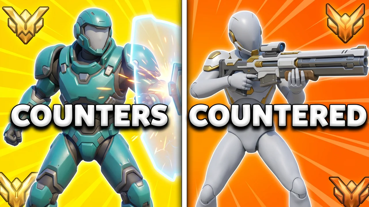Overwatch counters thumbnail template, a player in teal armour with an energy shield on yellow, a player in a white and gold suit with a long beam rifle on orange, COUNTERS and COUNTERED text