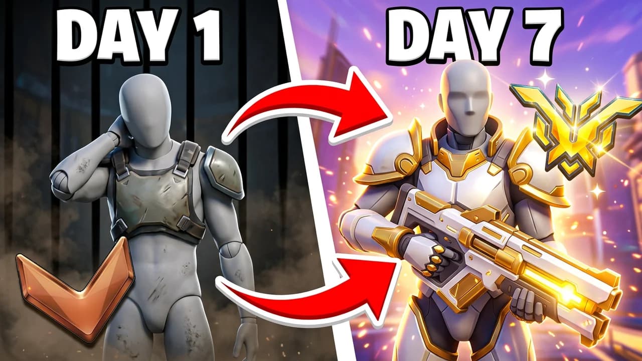 Overwatch day 1 vs day 7 thumbnail template, a plain grey player beside a bronze chevron on the left, red arrows to the same player in white and gold armour with a heavy rifle and a gold rank emblem, DAY 1 and DAY 7 text