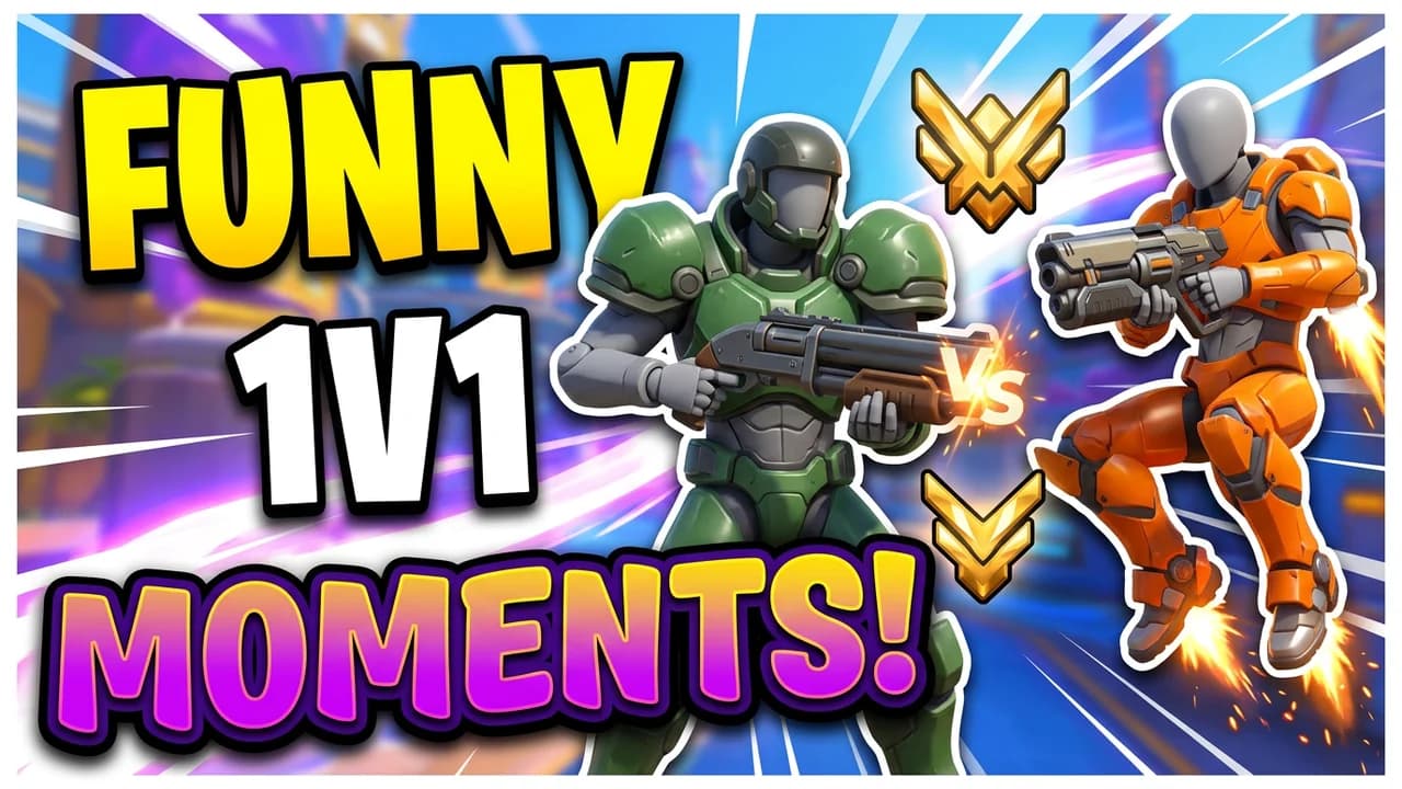 Overwatch funny 1v1 thumbnail template, a player in green armour with a shotgun facing a player in orange armour with rocket boots, gold rank chevrons, FUNNY 1V1 MOMENTS text