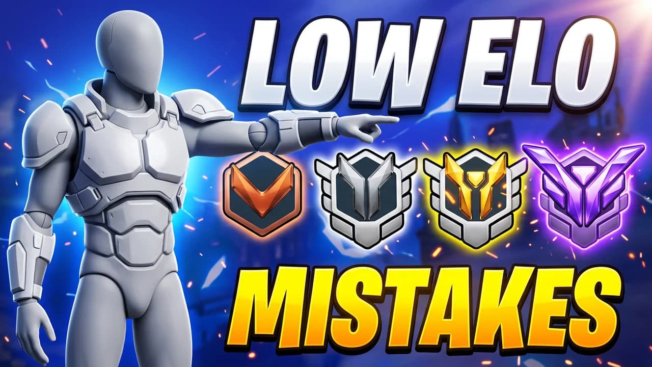 Overwatch low elo mistakes thumbnail template, a player in white armour pointing at four rank emblems from bronze to purple, LOW ELO and MISTAKES text on a blue background