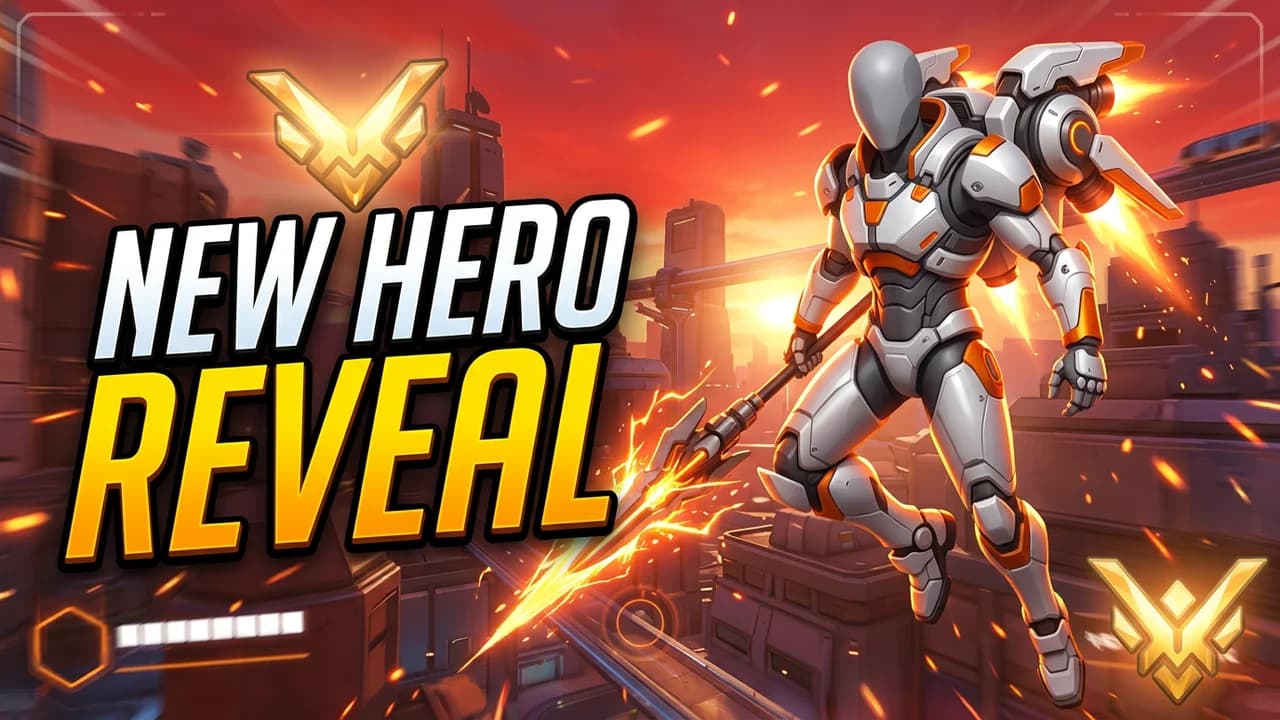 Overwatch new hero reveal thumbnail template, a player in white and orange armour with a hover pack and a glowing energy spear over a city at sunset, NEW HERO REVEAL text