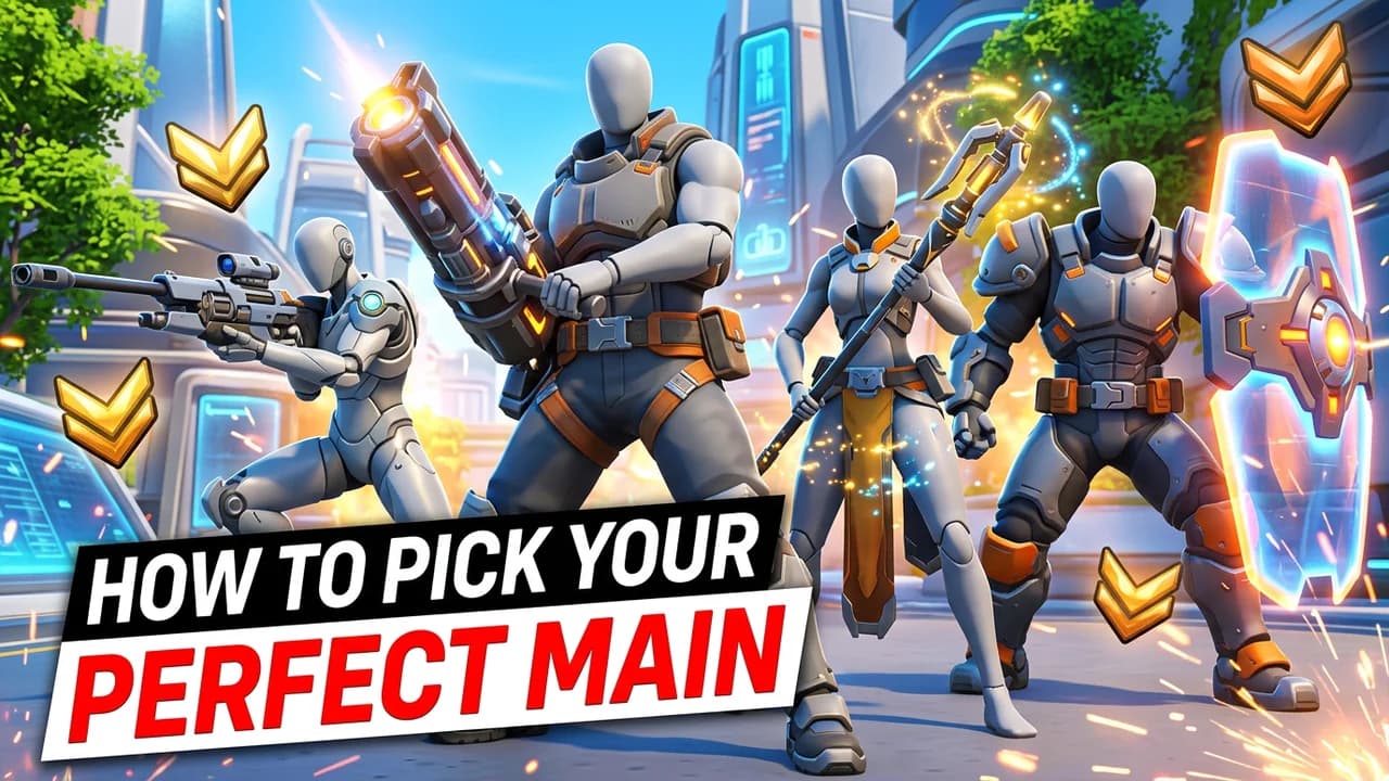 Overwatch pick your main thumbnail template, four players with a heavy gun, a sniper rifle, a staff and a big shield in a sunny futuristic city, HOW TO PICK YOUR PERFECT MAIN text