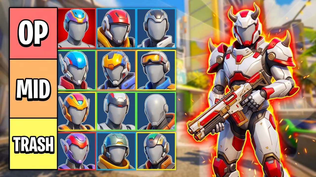 Overwatch hero tier list thumbnail template, OP, MID and TRASH rows filled with helmeted hero portraits, a player in white and red horned armour with a rifle on the right