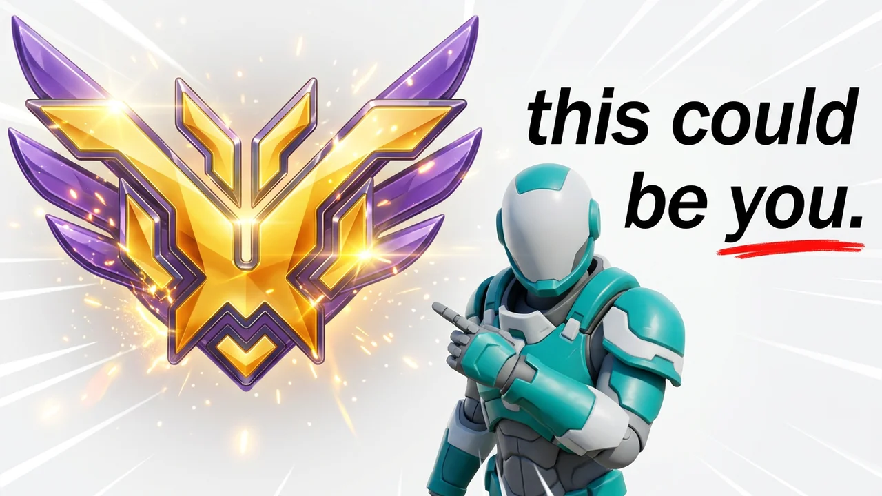 Overwatch top 500 goal thumbnail template, a huge gold and purple winged rank emblem, a player in teal and white armour pointing at it, this could be you. text on a white background