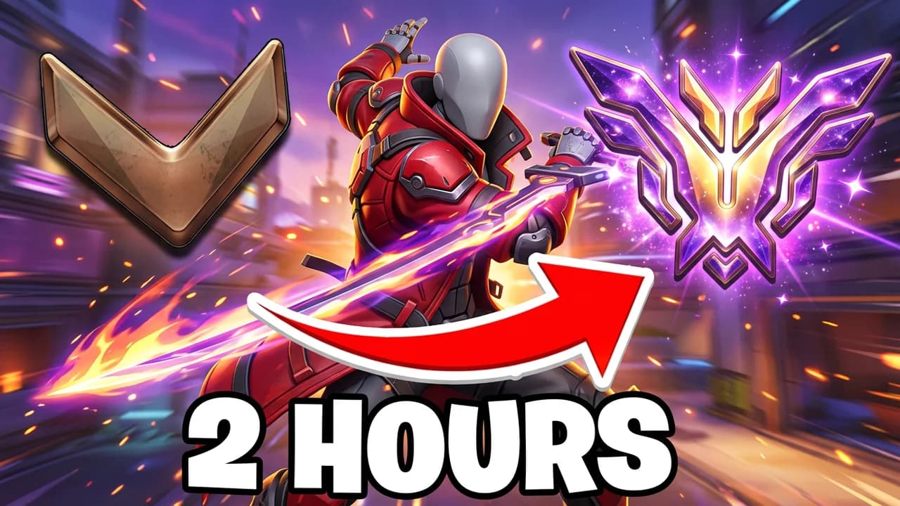 Overwatch rank climb thumbnail template, a player in a red armoured coat swinging a glowing blade, a red arrow from a bronze chevron to a purple top rank emblem, 2 HOURS text