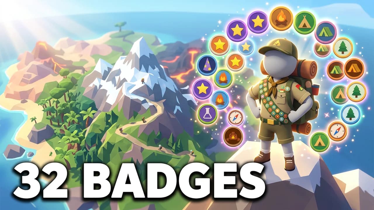 PEAK badge hunt thumbnail template, a scout on a summit with a sash of badges and a ring of glowing scout badges around them over the island, 32 BADGES text