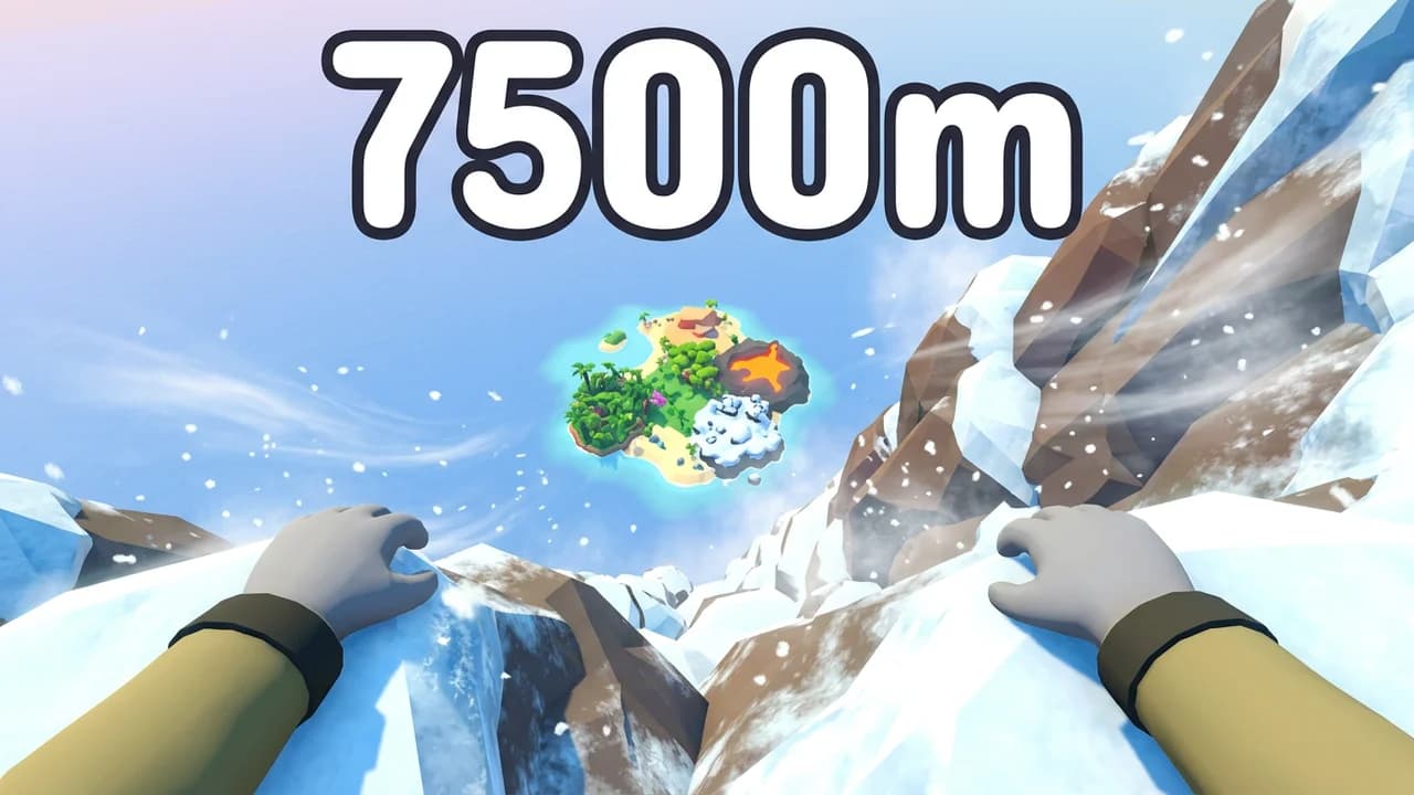 PEAK altitude thumbnail template, a first person view of gloved hands gripping a snowy ridge with the island far below in a blizzard, 7500m text