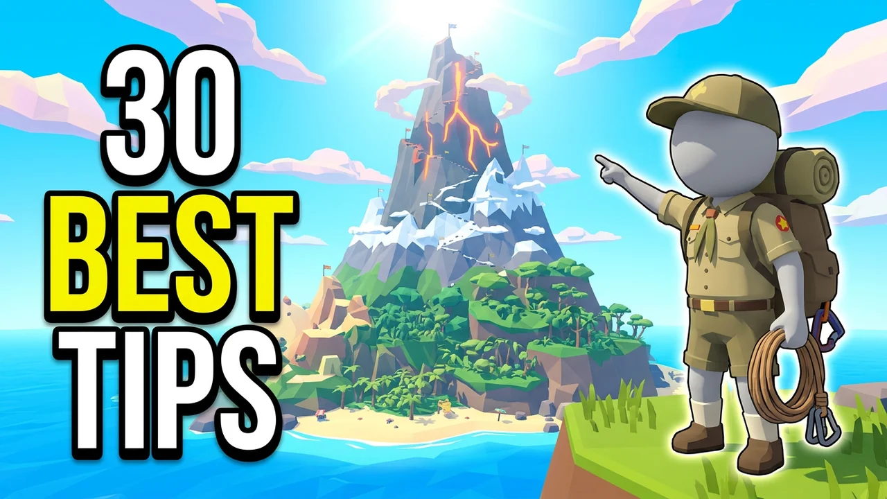 PEAK tips thumbnail template, a scout with a rope and a backpack pointing at a sunny low-poly island mountain with a lava peak, 30 BEST TIPS text