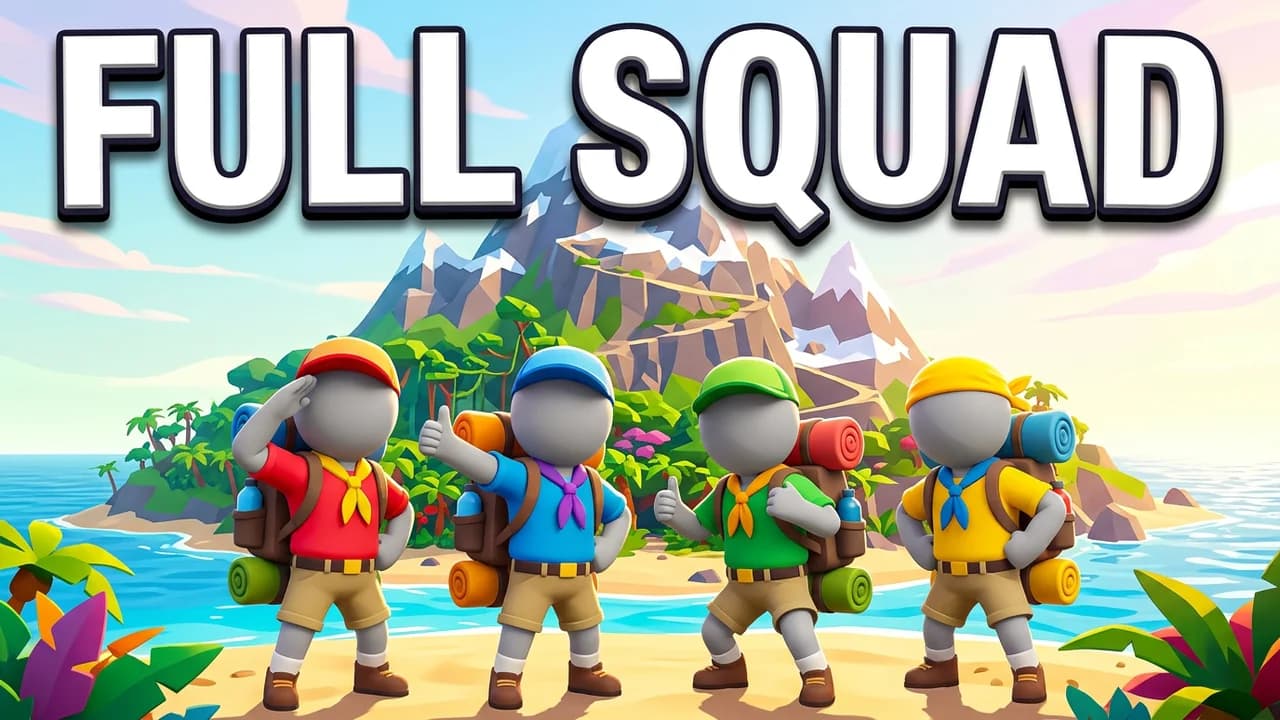 PEAK squad thumbnail template, four scouts in red, blue, green and yellow caps and shirts posing on a beach in front of the mountain, FULL SQUAD text
